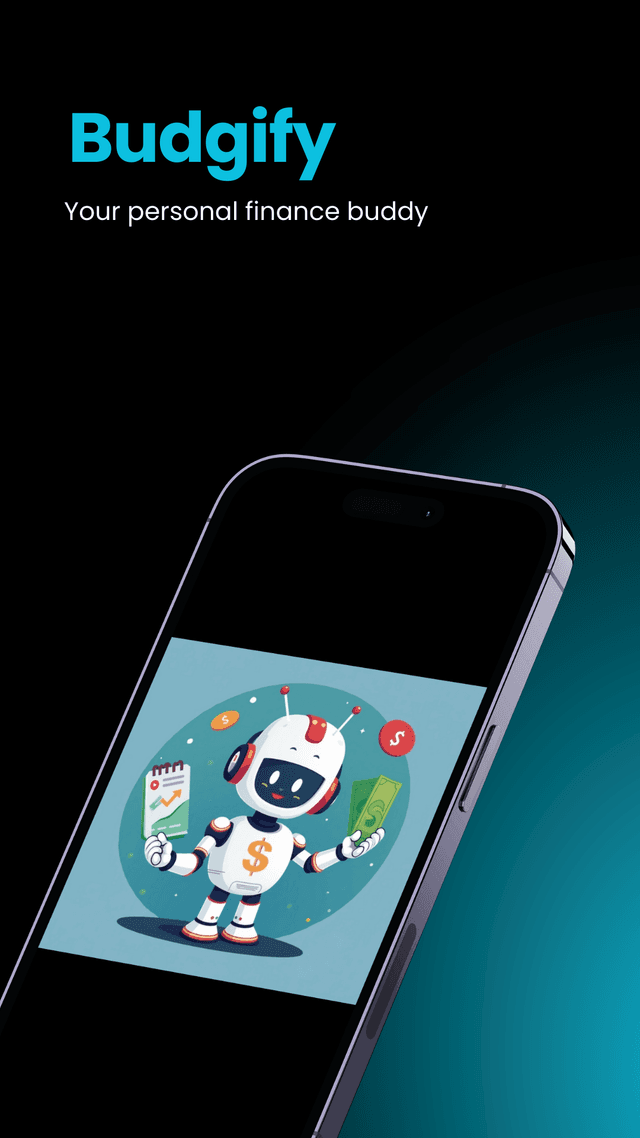 Budgify app with robot mascot on smartphone display